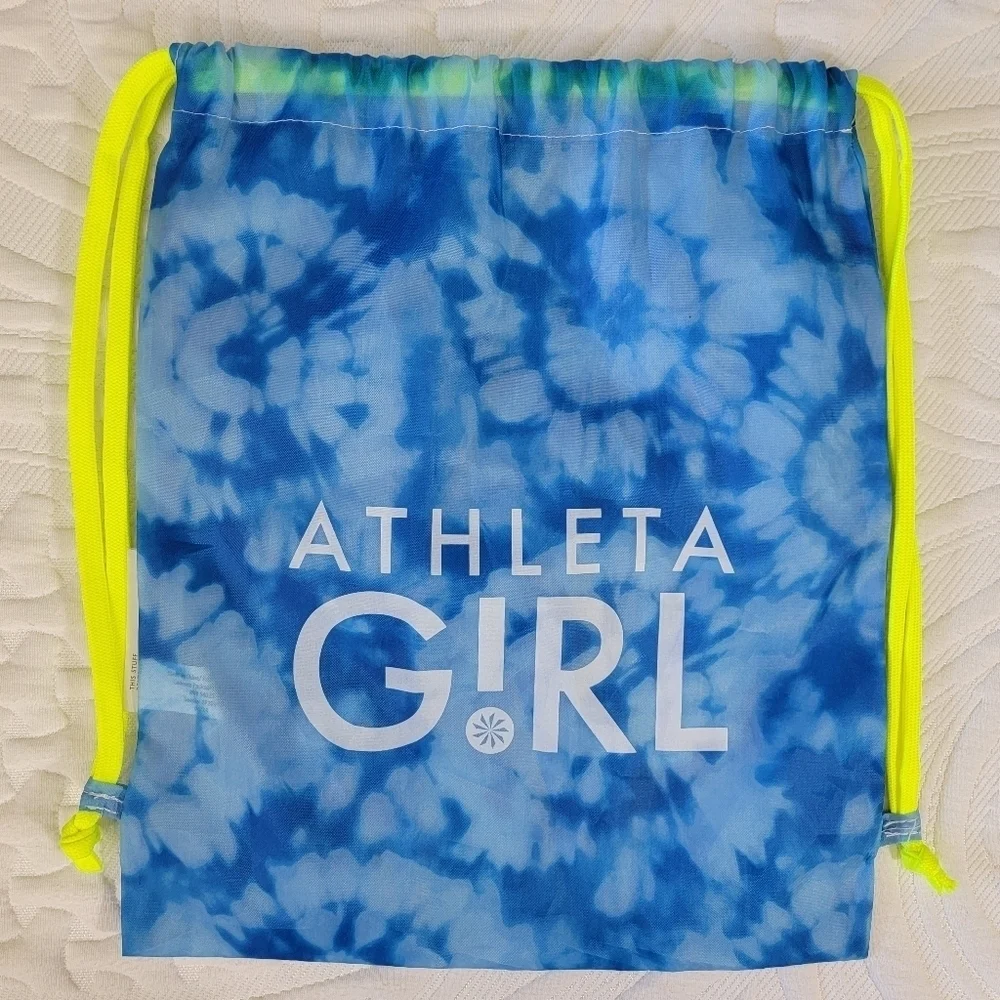New Athleta Girl Blue Tie Dye Neon Yellow Drawstring Backpack Bag